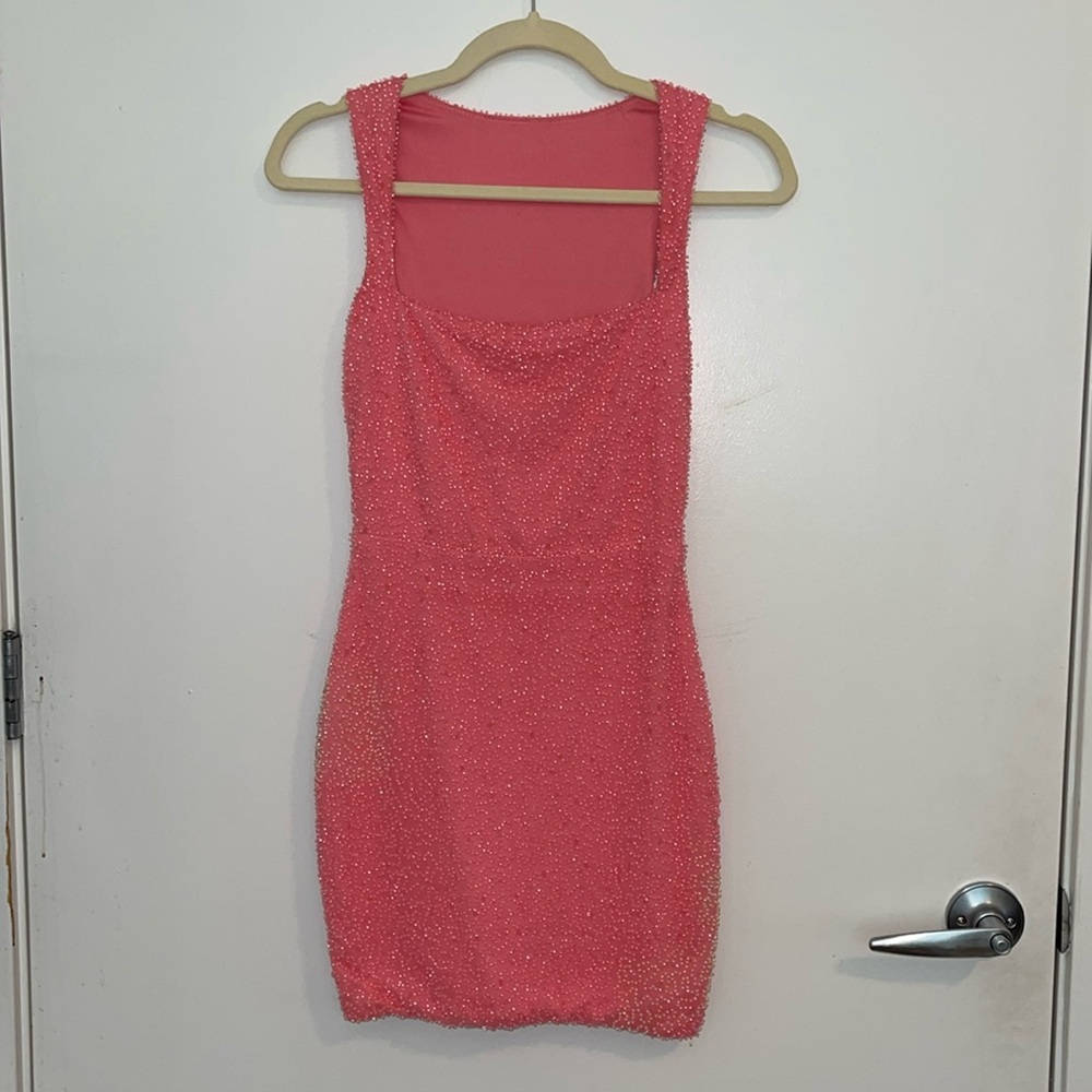Embellished square neck mini dress in coral, size US2